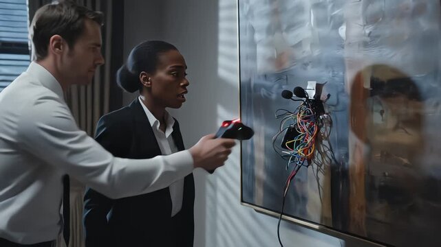 Corporate professionals discovering a hidden wiretap device behind a wall painting while using a bug detector scanner in a luxury office during a security sweep