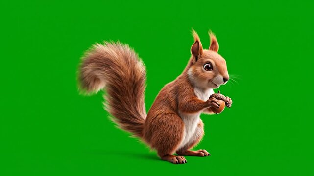 A cartoon squirrel stands holding an acorn on a solid green background. It has fluffy fur and a long, bushy tail. The animal is smiling