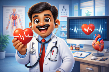 Friendly Cardiologist Holding Heart with ECG Line in Modern Clinic &ndash; 3D Medical Illustration