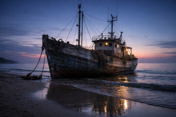 Old Wooden Fishing Boat Anchored on Beach at Dusk with Dramatic Sunset Sky