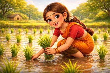 Young Indian Girl Planting Rice Seedlings in Paddy Field &ndash; Vibrant 3D Rural Farming Illustration