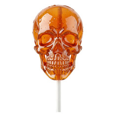 Skull-shaped hard candy on a stick isolated on transparent background
