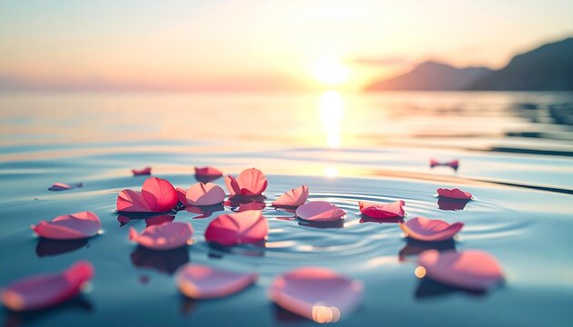 Beautiful flower petals floating on calm turquoise ocean water for sea burial and peaceful memorial service