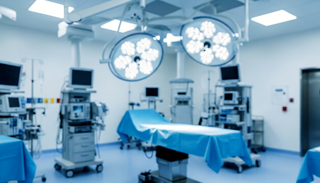 Blurred operating room interior with surgical table and overhead lights.