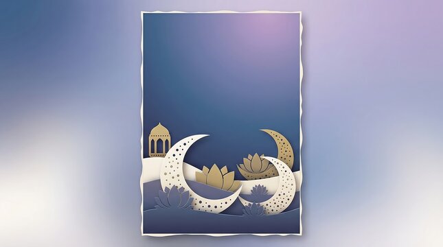 Design elegante com lua crescente e flor de l&oacute;tus para o Ramad&atilde; ou celebra&ccedil;&otilde;es isl&acirc;micas.