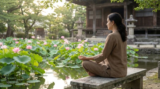 Mulher meditando em paz em um sereno jardim japon&ecirc;s.