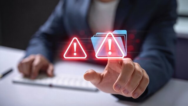 Business professional pressing virtual warning icons on screen,cybersecurity data protection concept with alert symbols and secure file management interface
