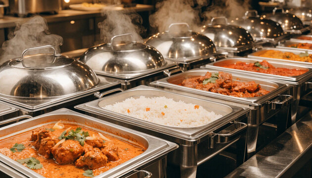 Indian food buffet with steaming curries and rice in chafing dishes