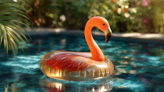 Vibrant flamingo pool float in crystal clear water with palm tree