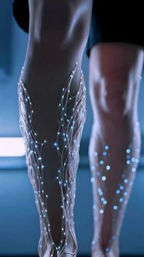 biometric leg sensors mapping dynamic movement across calves and feet, luminous node tracery follows muscle lines during stride, clinical performance lab vibe with motion focus and precision