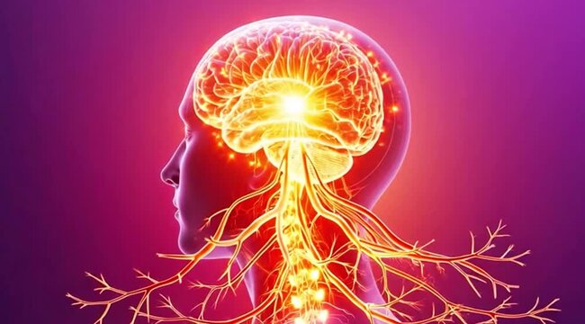 A video showcasing a human skull with a glowing brain and vibrant light