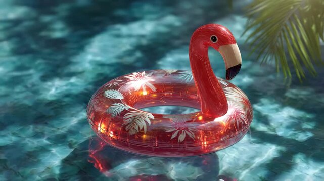 Vibrant flamingo pool float in tropical waters with palm fronds