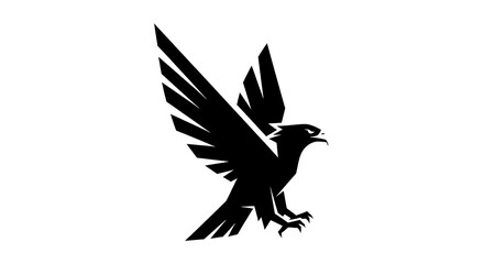 Minimalist black silhouette of a flying eagle or hawk with sharp geometric wings, isolated on white background. Symbol of power, strength, and freedom for logo and emblem design.