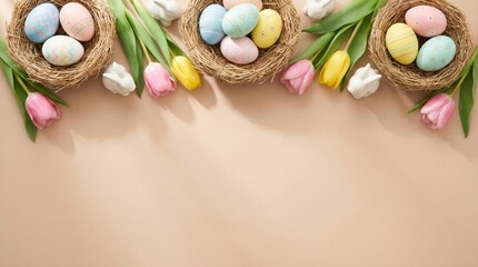 Pastel Easter eggs in nests with tulips on beige background, flat lay