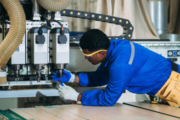 Professional Woodworker Measuring, Cutting and Installing Timber in Factory. Carpentry and Wood Manufacturing Process in Industrial Workshop