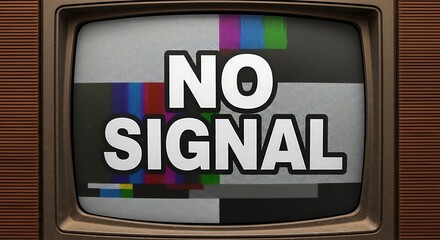 Obraz premium Vintage TV displaying no signal test pattern with colored bars and wood grain frame, retro broadcast error.