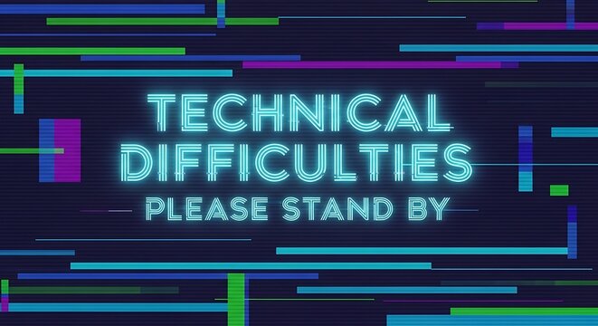 Futuristic technical difficulties and please stand by message with neon lights and glitch effect