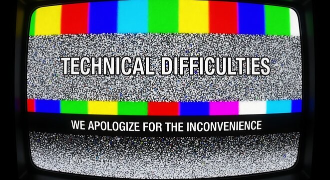 Vintage television screen showing technical difficulties and apology message with color bars and static, retro broadcast interruption.