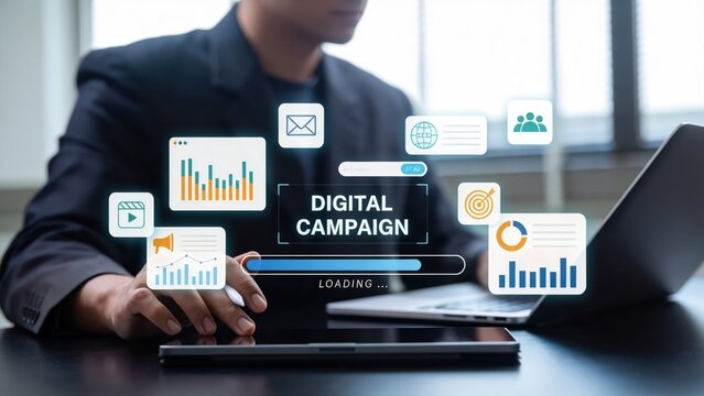 Digital marketing specialist managing online campaign on tablet and laptop,integrated data analytics dashboard with charts,email and targeting strategy