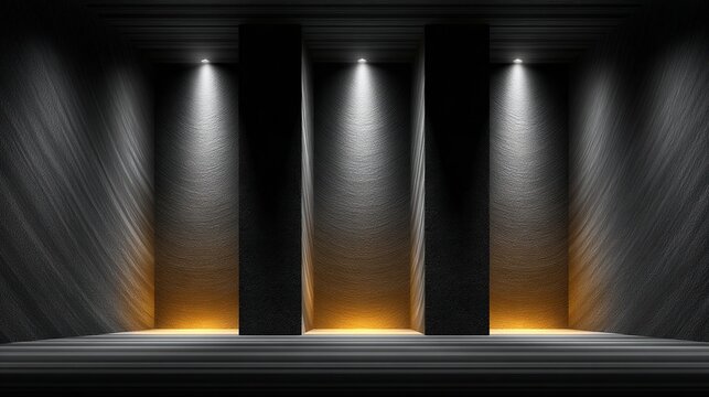 Abstract black anthracite gray 3D room texture designed for product presentation concept featuring metallic panels decor and golden light from overhead spotlights
