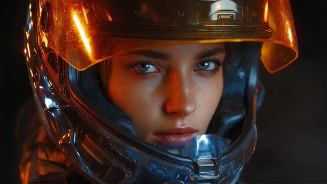 Astronaut woman wearing futuristic space helmet with reflective visor