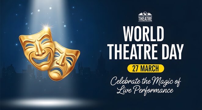World Theatre Day Celebration Banner with Comedy and Tragedy Masks on Blue Light
