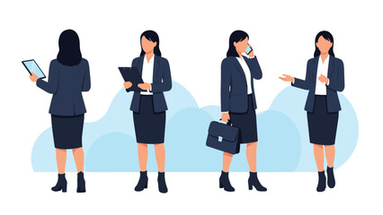 Obraz premium Set of four businesswomen in blue professional suits in different poses like holding a tablet a folder and a briefcase.