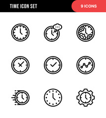 Minimalist Line Art Time Icon Set with Various Clock Representations