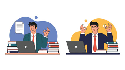 Fototapeta premium Two professional businessmen sitting at their desks with laptops and stacks of books giving an okay hand sign for success.
