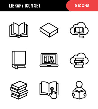 Simple Outline Library Collection Of Book Education and Learning Icon Set