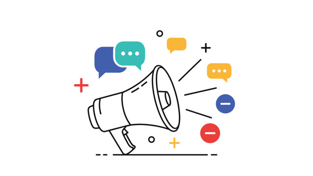 Megaphone icon surrounded by colorful speech bubbles and symbols for announcement marketing and social media communication themes.
