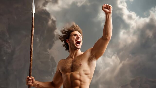 Heroic Warrior Raises Spear in Majestic Landscape