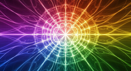 Obraz premium Abstract Colorful Glowing Fractal Light Pattern Forming A Complex Symmetrical Web Structure With Intense Central Energy Burst Background