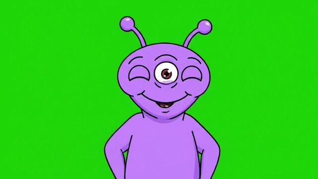 A cartoon-style alien with three eyes, purple skin, and antennae, happily raising its arms in front of a solid green background
