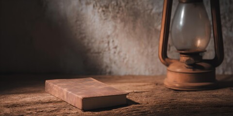 Book is on a table next to a lantern