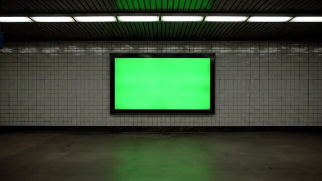 Cinematic Push In Shot of a Horizontal Green Screen Billboard on a Tiled Subway Station Wall