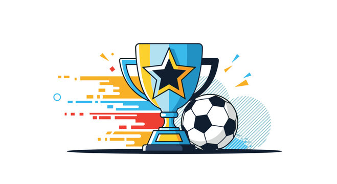 Gold soccer trophy cup standing next to a classic football with colorful motion lines signifying sports victory and athletic achievement.