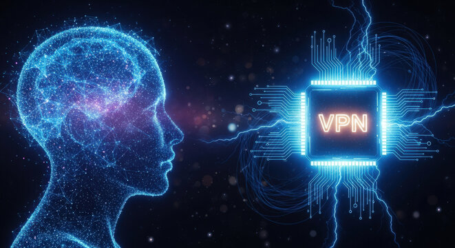 VPN Technology Visualization A Digital Brain Connected to a VPN Chip Symbolizing Secure Network Connections and Data Protection in the Age of Information Technology