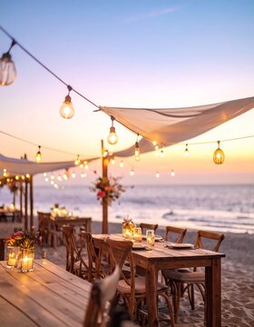 A serene beachside dining setup at sunset with string lights (2)