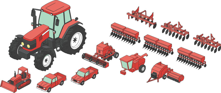 Agricultural Tractor and Farming Machinery Illustration Set with Harvesters, Seeders, Plows, and Rural Equipment for Isometric Vector Design Projects
