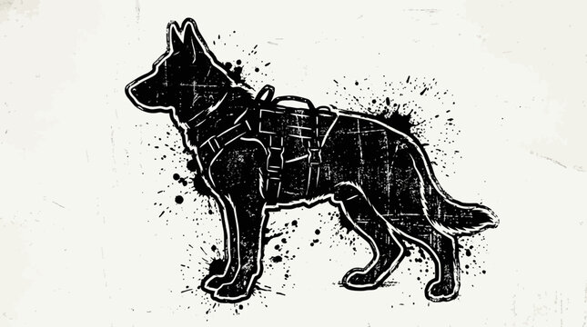 German Shepherd dog silhouette with backpack, grunge style