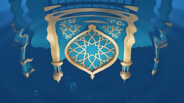 Intricate Islamic Architectural Detail with Golden Ornaments and Blue Background.