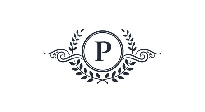 Elegant letter P logo set within a circular laurel wreath and decorative swirls for a classic luxury branding or insignia design.