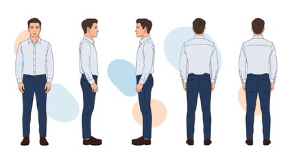 Fototapeta premium Character design turnaround showing a man in professional clothing from front, side, and back views for animation or game design.