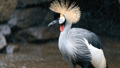 Grey crowned crane portrait in rain with vibrant crest and red wattle closeup nature wildlife
