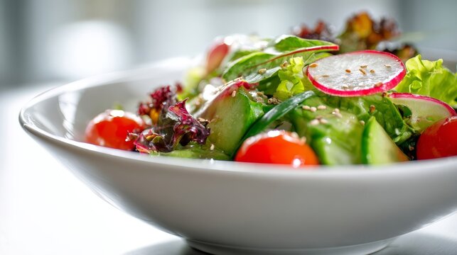 Delicious Mixed Salad with Fresh Cherry Tomatoes Radishes Cucumber Lettuce and Sesame Seeds in a White Bowl Indoor Healthy Eating Meal Culinary Art