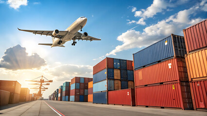 Commercial airplane taking off over colorful shipping containers at sunrise global trade logistics © Tanjin