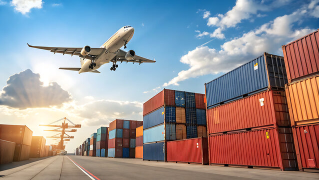 Commercial airplane taking off over colorful shipping containers at sunrise global trade logistics