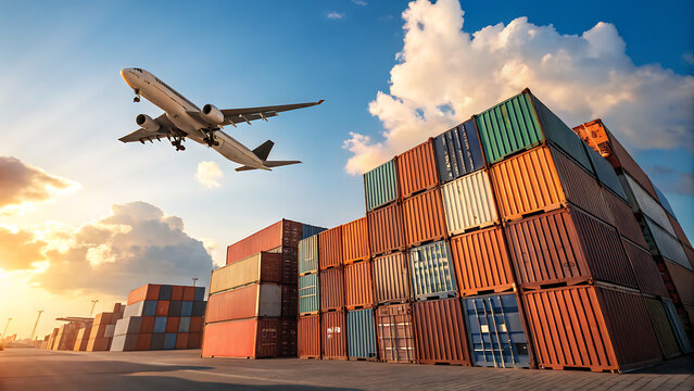 Commercial airplane flying over colorful shipping containers at sunrise global trade logistics
