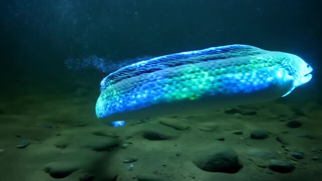 A glowing electric eel glides through dark underwater depths illuminating the seabed